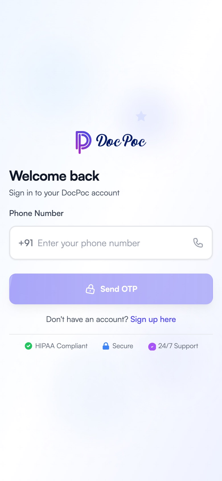 DocPoc clinic portal sign-in on a phone: phone number with +91 and Send OTP