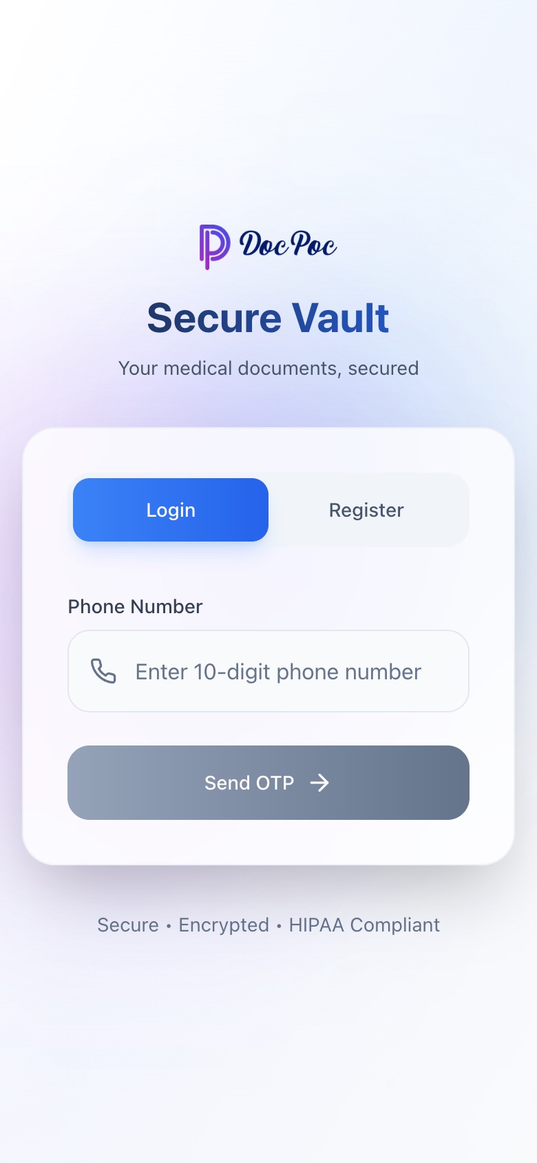 Secure Vault sign-in screen: enter a 10-digit phone number and receive a one-time code